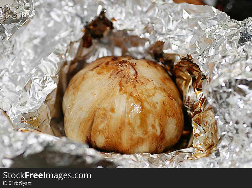 Baked garlic in a foil