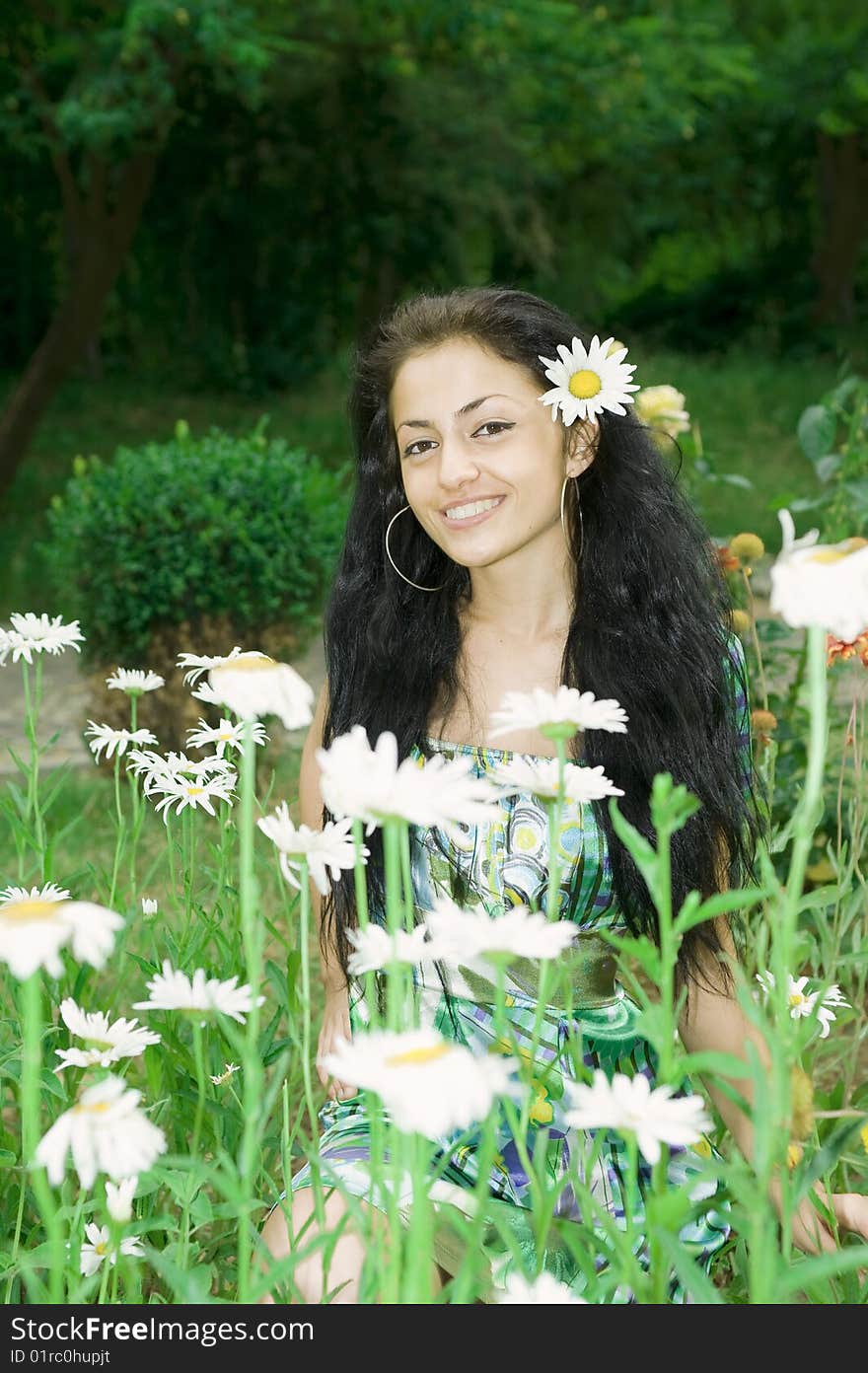 A beautiful girl and a field with flowers. A beautiful girl and a field with flowers