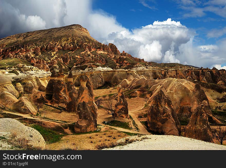 Clouds and shapes of weathering in Cappadocia, Turkey.