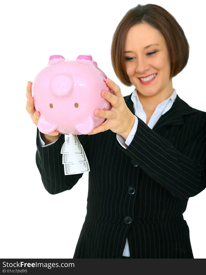 Happy Woman Taking Money Out Of Piggy Bank