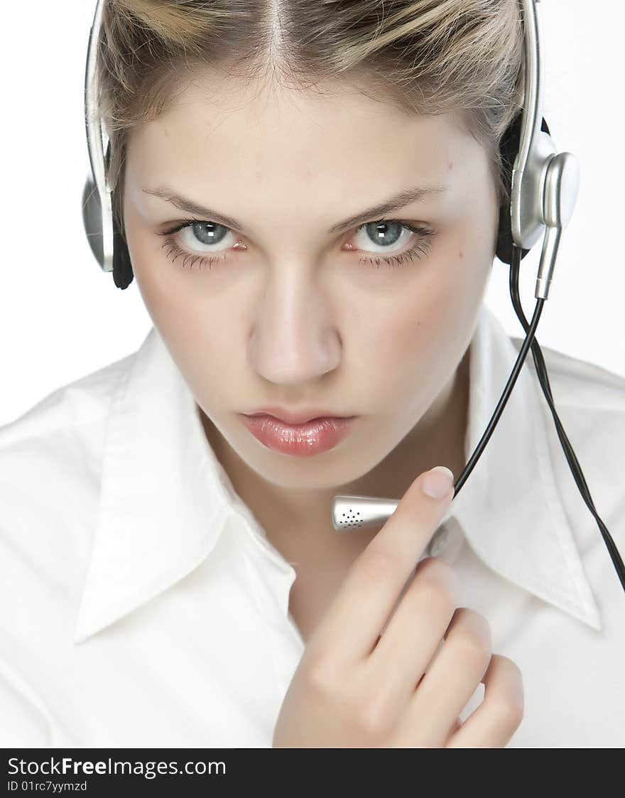 A friendly secretary/telephone operator in an office environment.