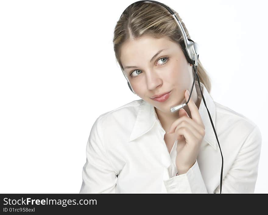 A friendly secretary/telephone operator in an office environment.