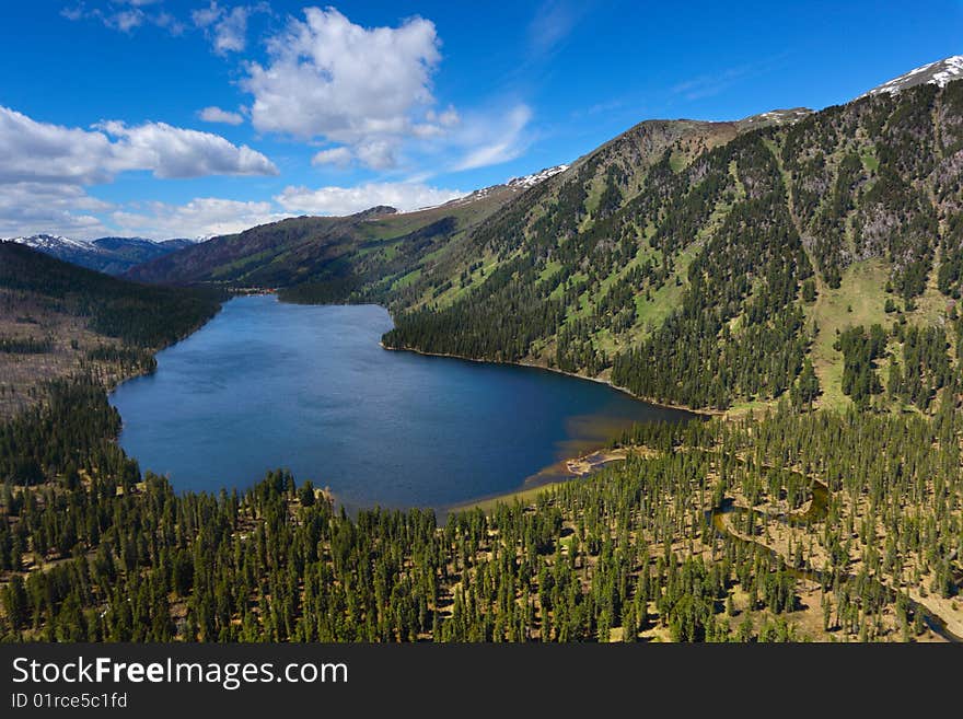 Mountain lake from height of the bird's flight