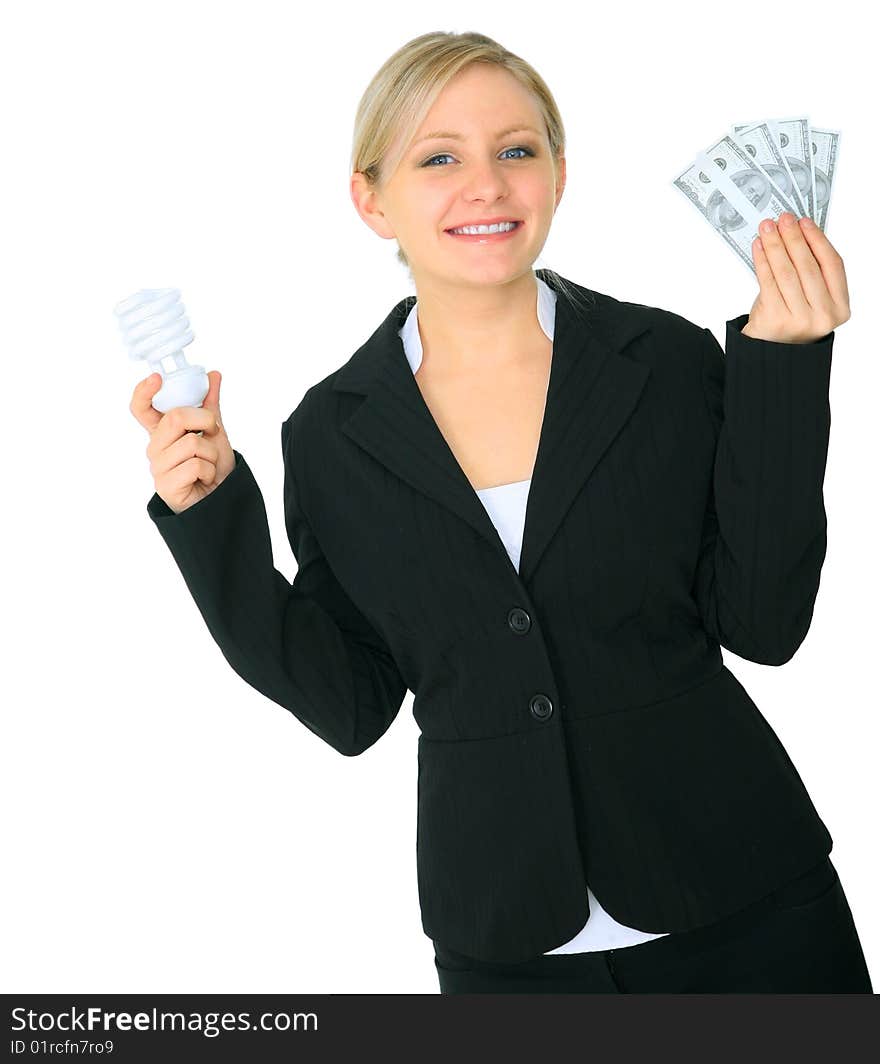 Happy woman in black suit holding money and light bulb. concept for energy saving. Happy woman in black suit holding money and light bulb. concept for energy saving