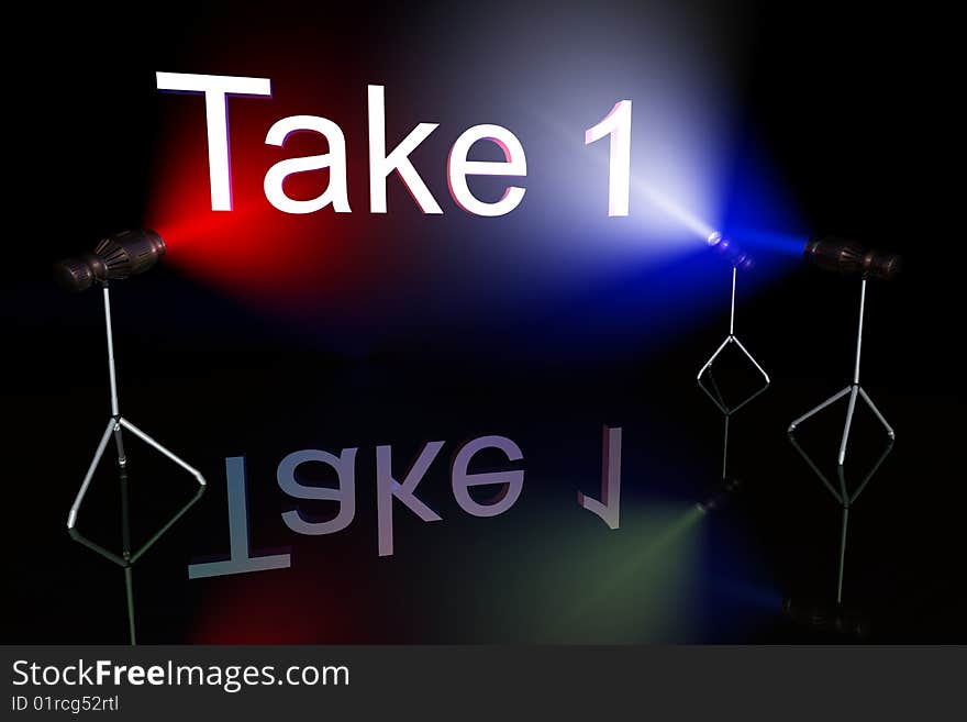 Take one sign on black background lit by multycolored lights. Take one sign on black background lit by multycolored lights