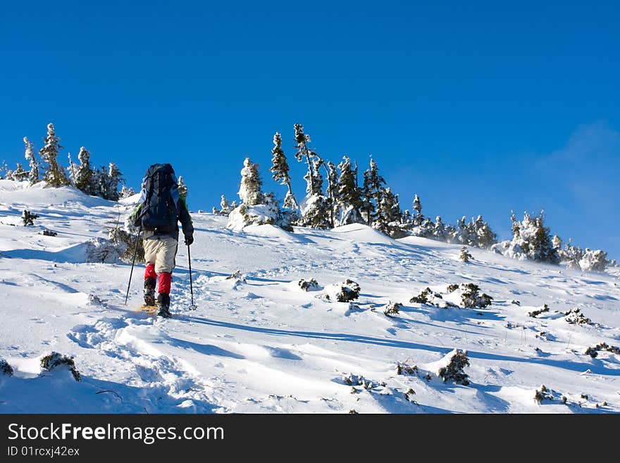 Hiker in winter in mountains