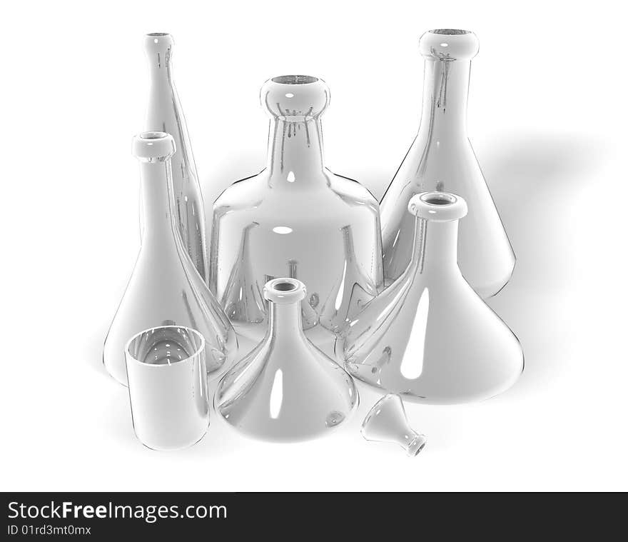 Flasks and bottles with a shiny surface of isolation on a white background. 3D model.