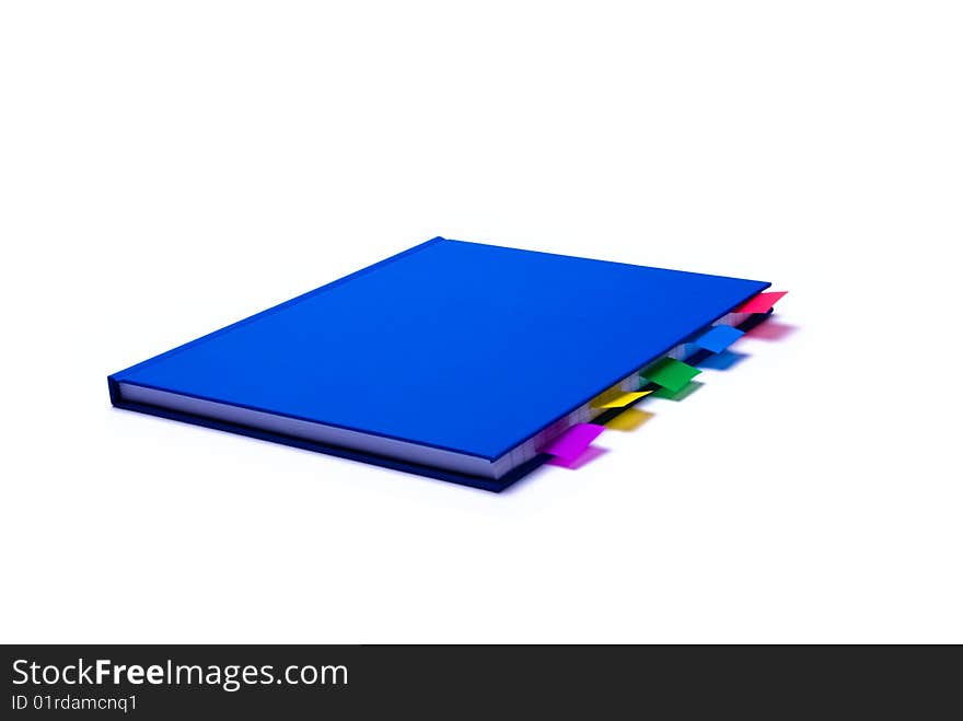 Blue notepad with colorfull bookmarks on white background. Blue notepad with colorfull bookmarks on white background