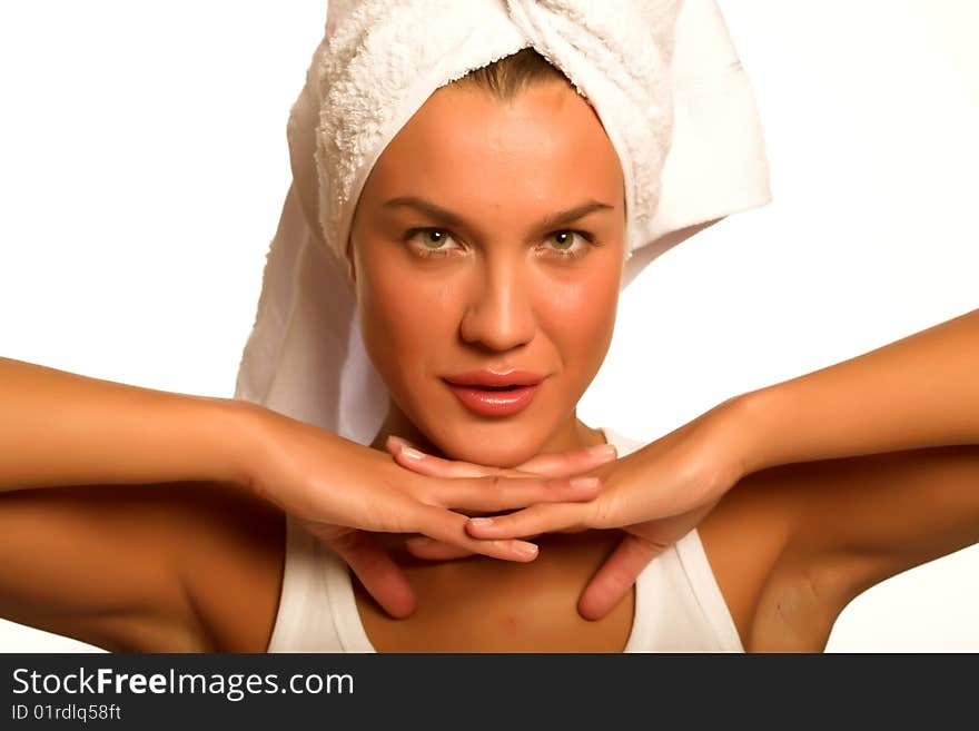 Portrait of young beautiful woman after bath