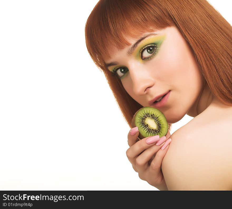 Beautiful woman`s face with kiwi. Beautiful woman`s face with kiwi