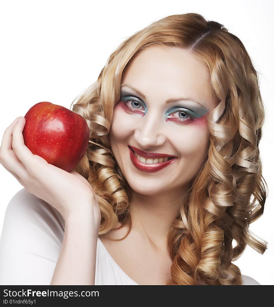 Woman with apple isolated over white background