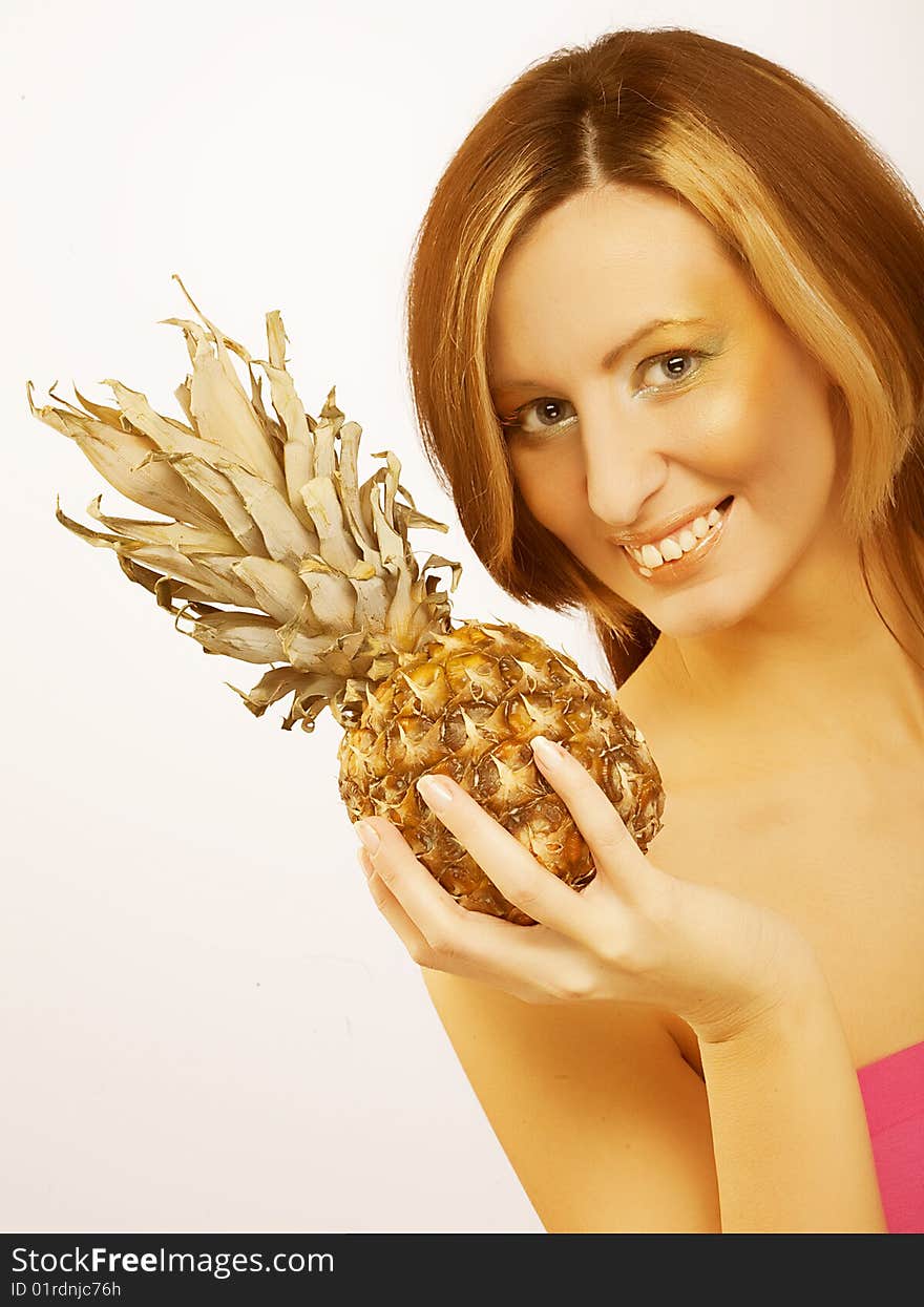 Bright picture of lovely woman  with pineapple. Bright picture of lovely woman  with pineapple