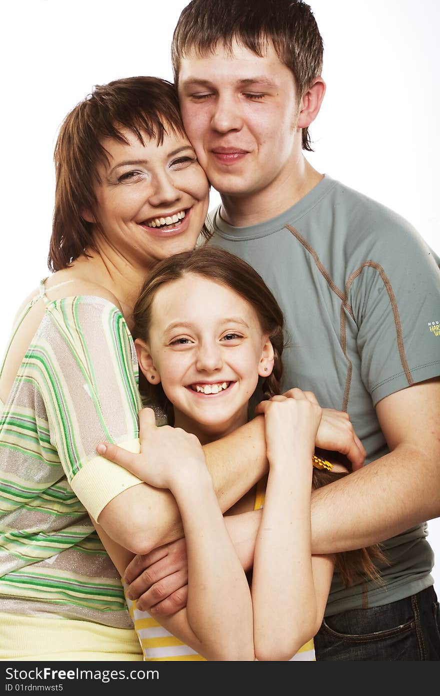 Mother, father and girl. Happy family.