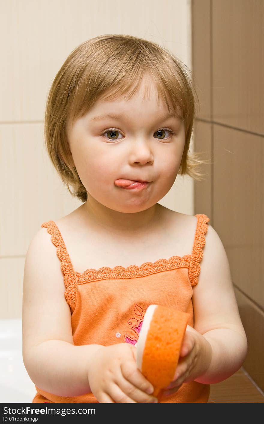 Sweet toddler baby girl cleaning teeth. Sweet toddler baby girl cleaning teeth