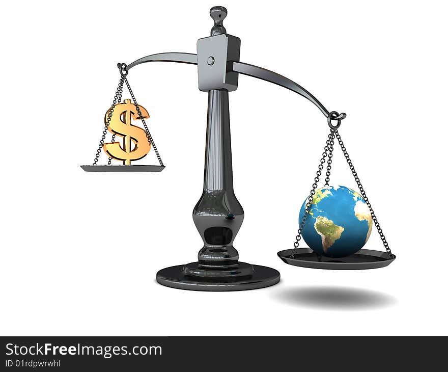 3d illustration of earth gobe and dollar sign on scale. 3d illustration of earth gobe and dollar sign on scale