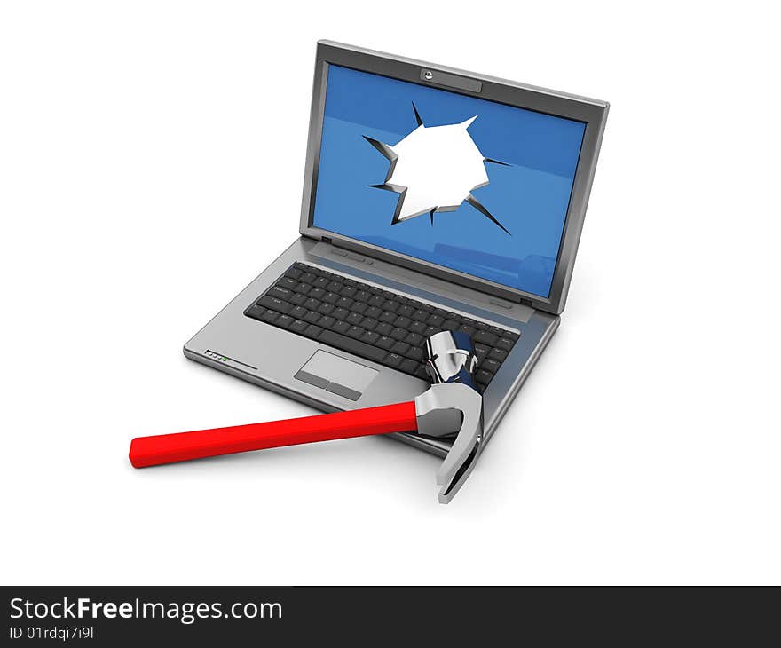 3d illustration of laptop with crashed screen and hammer. 3d illustration of laptop with crashed screen and hammer