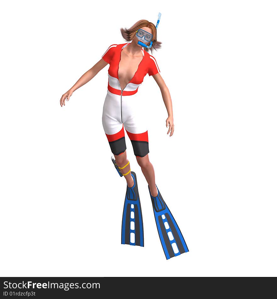 Female diver in colorful diving suit. 3D render with clipping path and shadow over white. Female diver in colorful diving suit. 3D render with clipping path and shadow over white