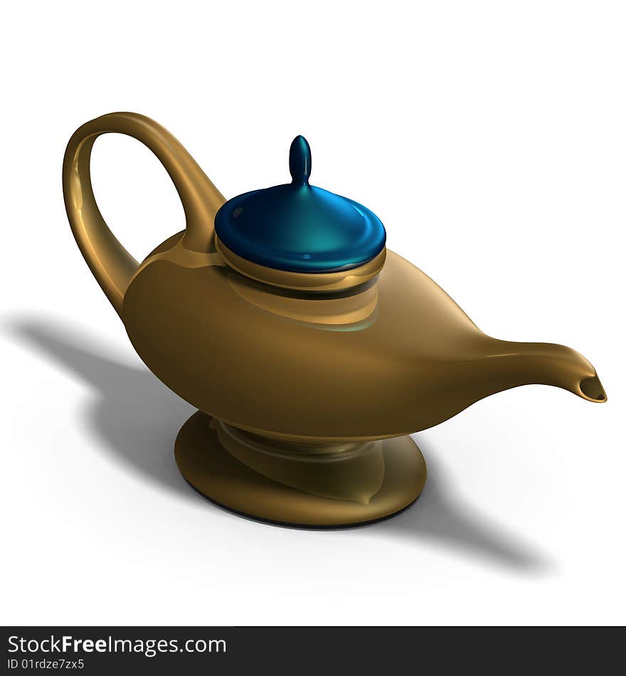 The magical lamp of Aladdin. 3D render with clipping path and shadow over white. The magical lamp of Aladdin. 3D render with clipping path and shadow over white