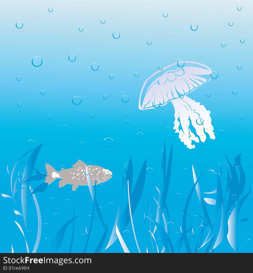 Underwater scene with fish and jellyfish