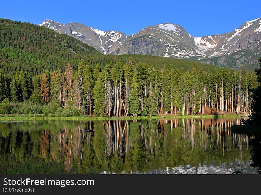 Vivid reflections in the still water of this beautiful mountain lake