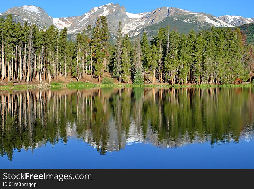 Vivid reflections in the still water of this beautiful mountain lake