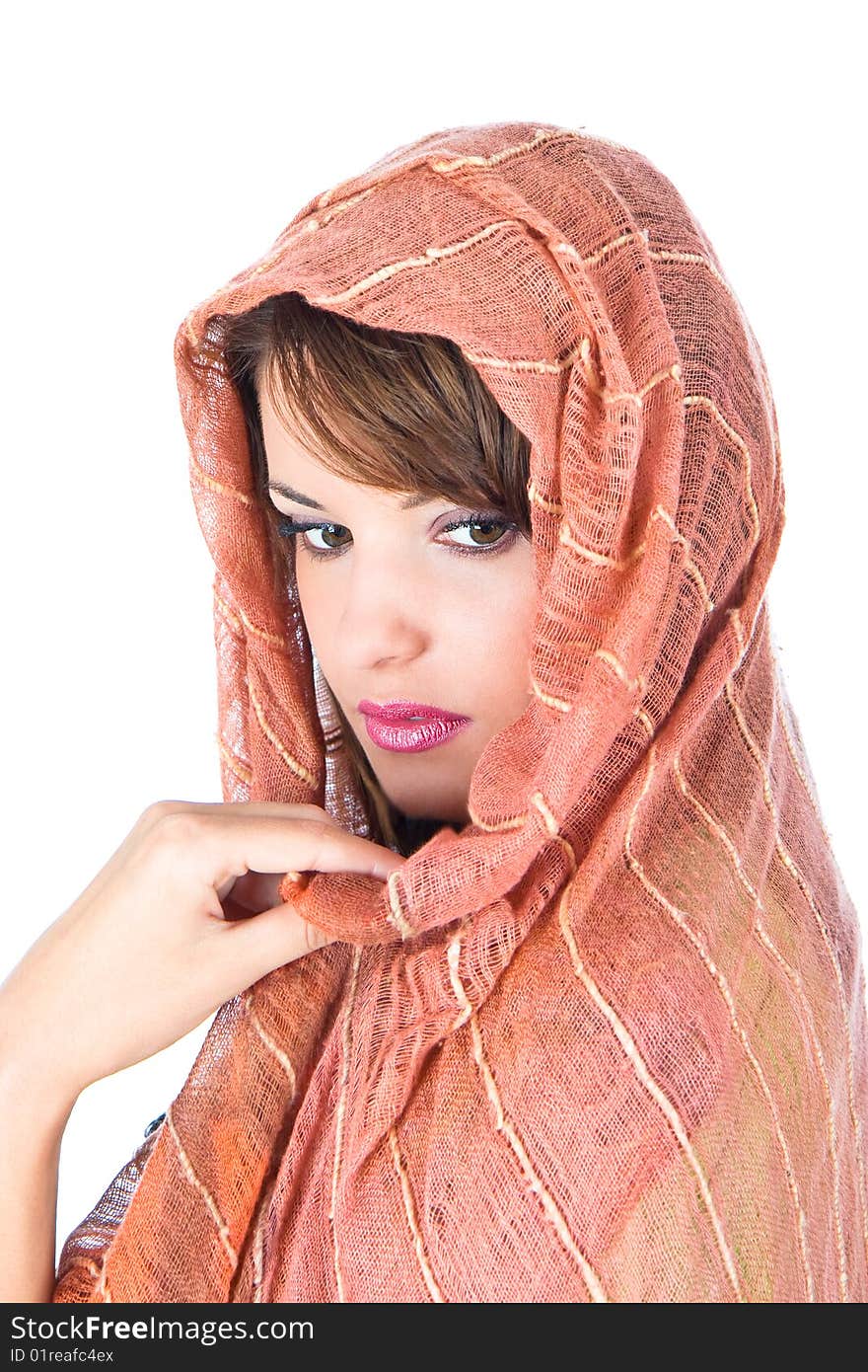 Beautiful dark hair woman with scarf posing, studio shot