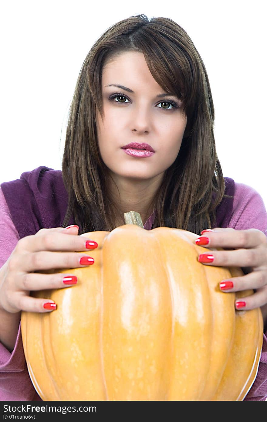 Woman hold a big Pumpkin, studio shot. Woman hold a big Pumpkin, studio shot