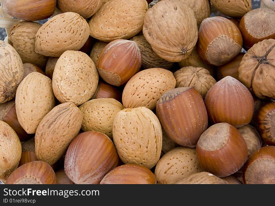 Background consisting of various nuts full bowl.