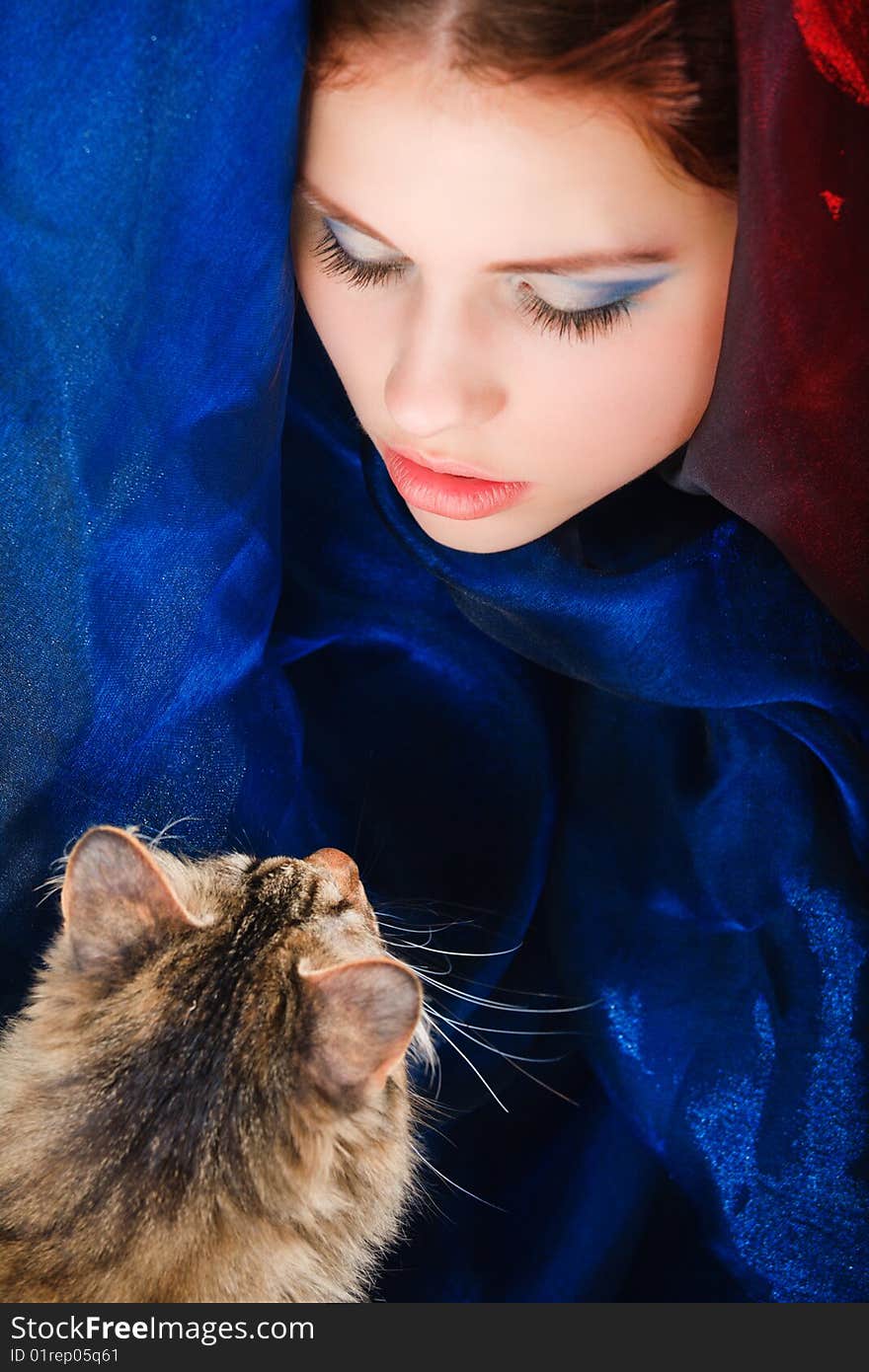 Young girl face in blue fabric with a cat. Young girl face in blue fabric with a cat