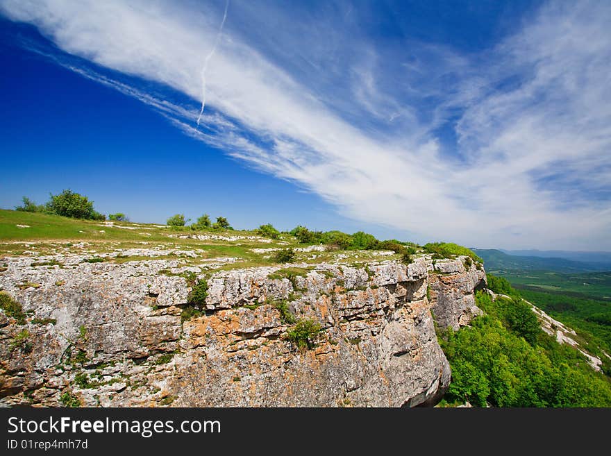 Mountain cliff with green plants