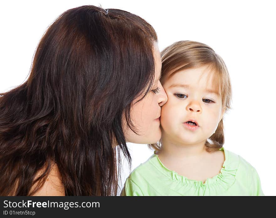 Mother and her little daughter. Isolated on white background