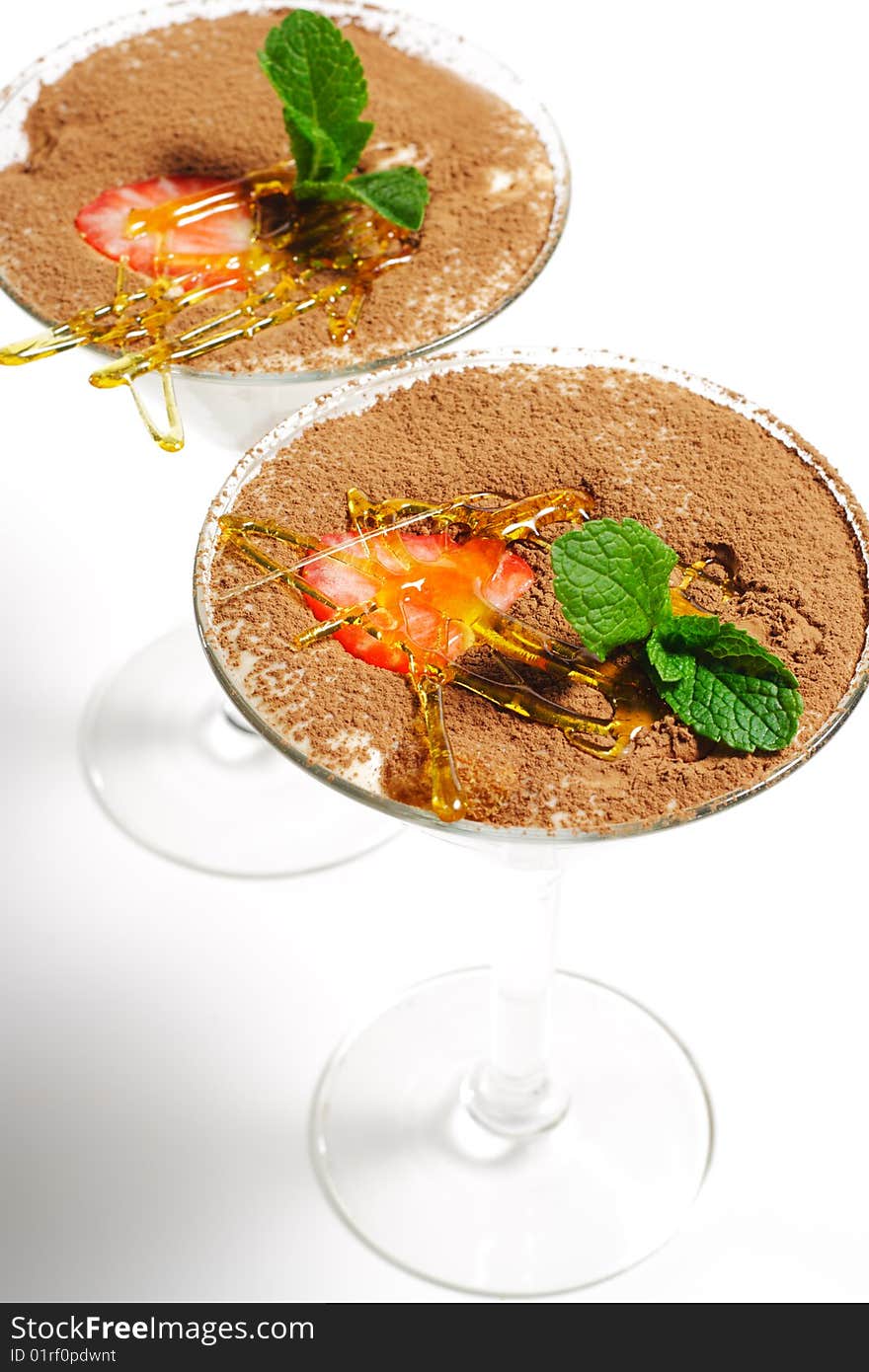 Tiramisu Dessert in a Glass with Mint and Strawberry