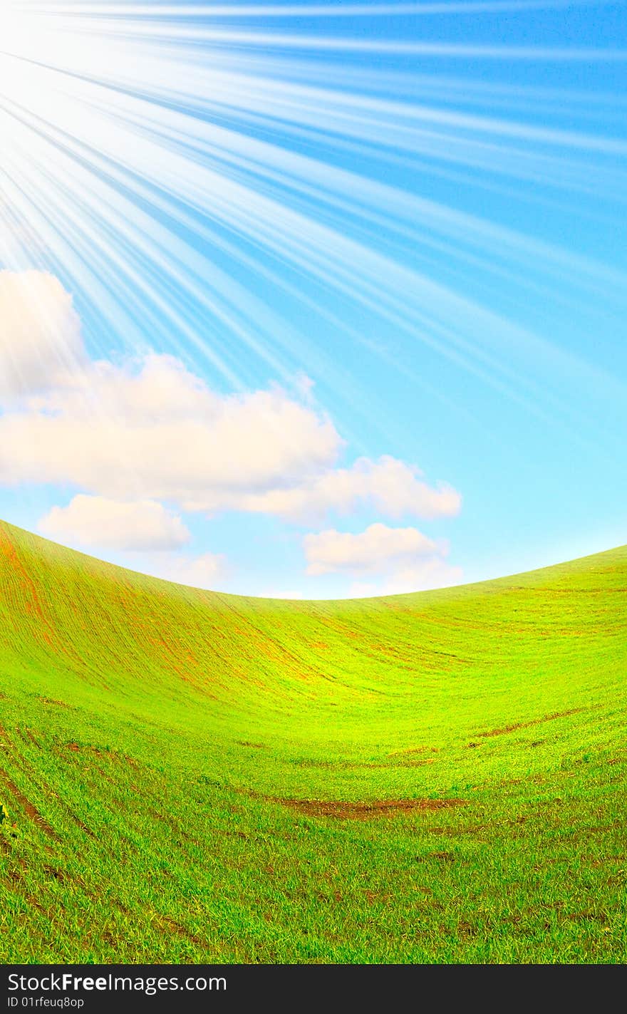 Sunbeams covered green field  in early morning. Sunbeams covered green field  in early morning.