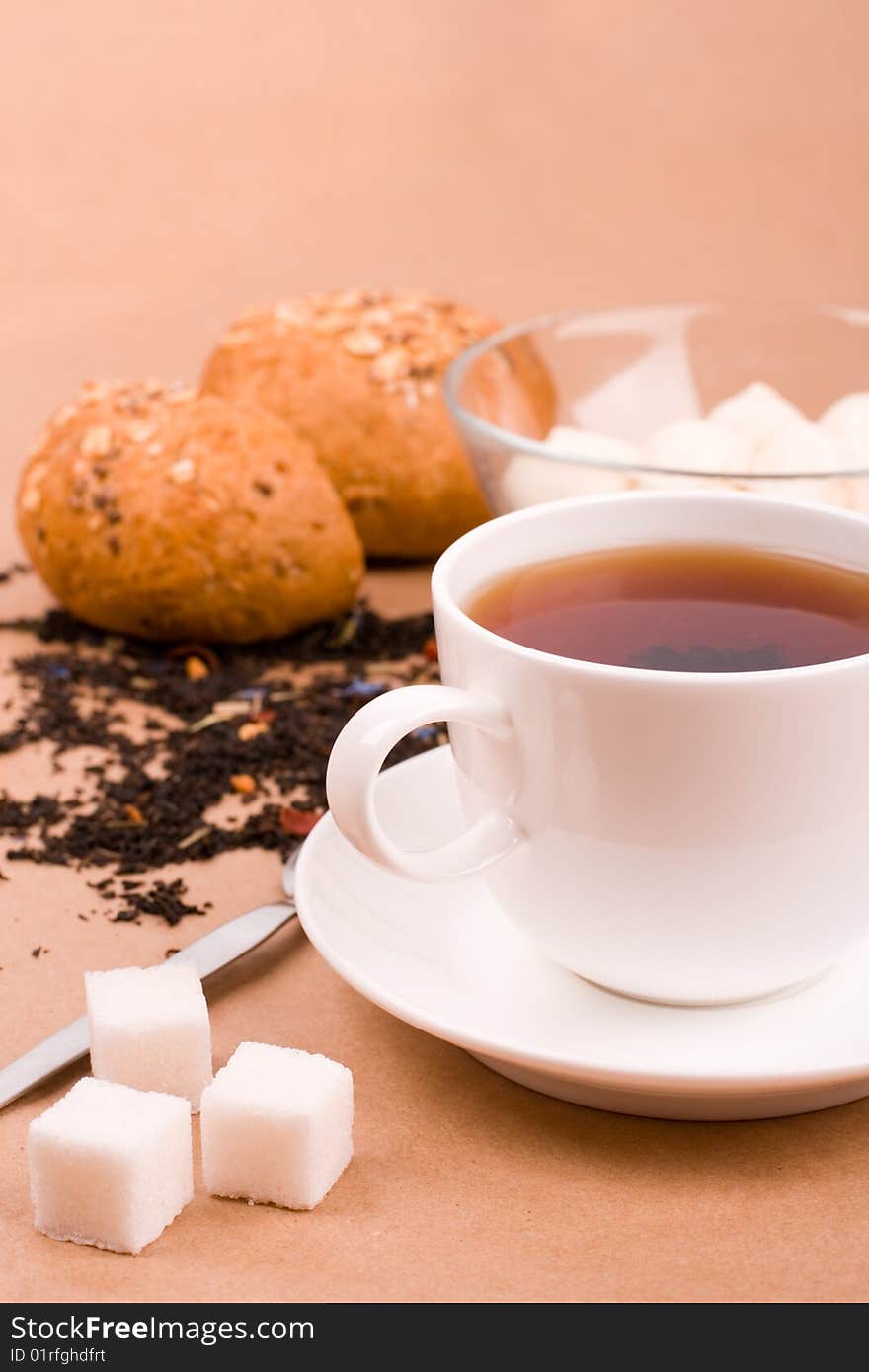 Cup of tea, mozzarella and bread closeup