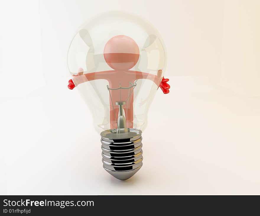 3d render of person and lightbulb. Three-dimensional Shape.