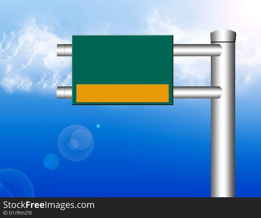 Green advertisement on chrome structure on blue sky background. Green advertisement on chrome structure on blue sky background