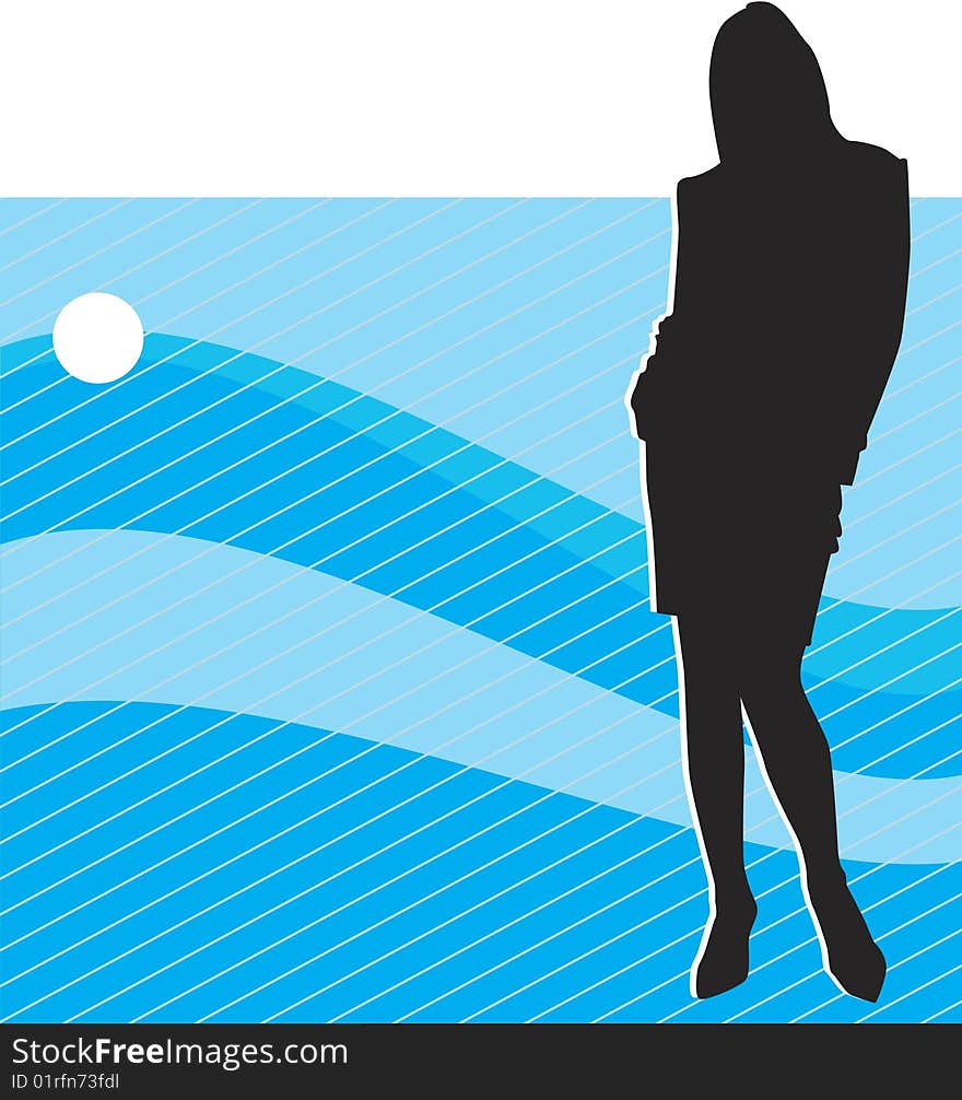 Silhouette of the girl on turn blue striped background