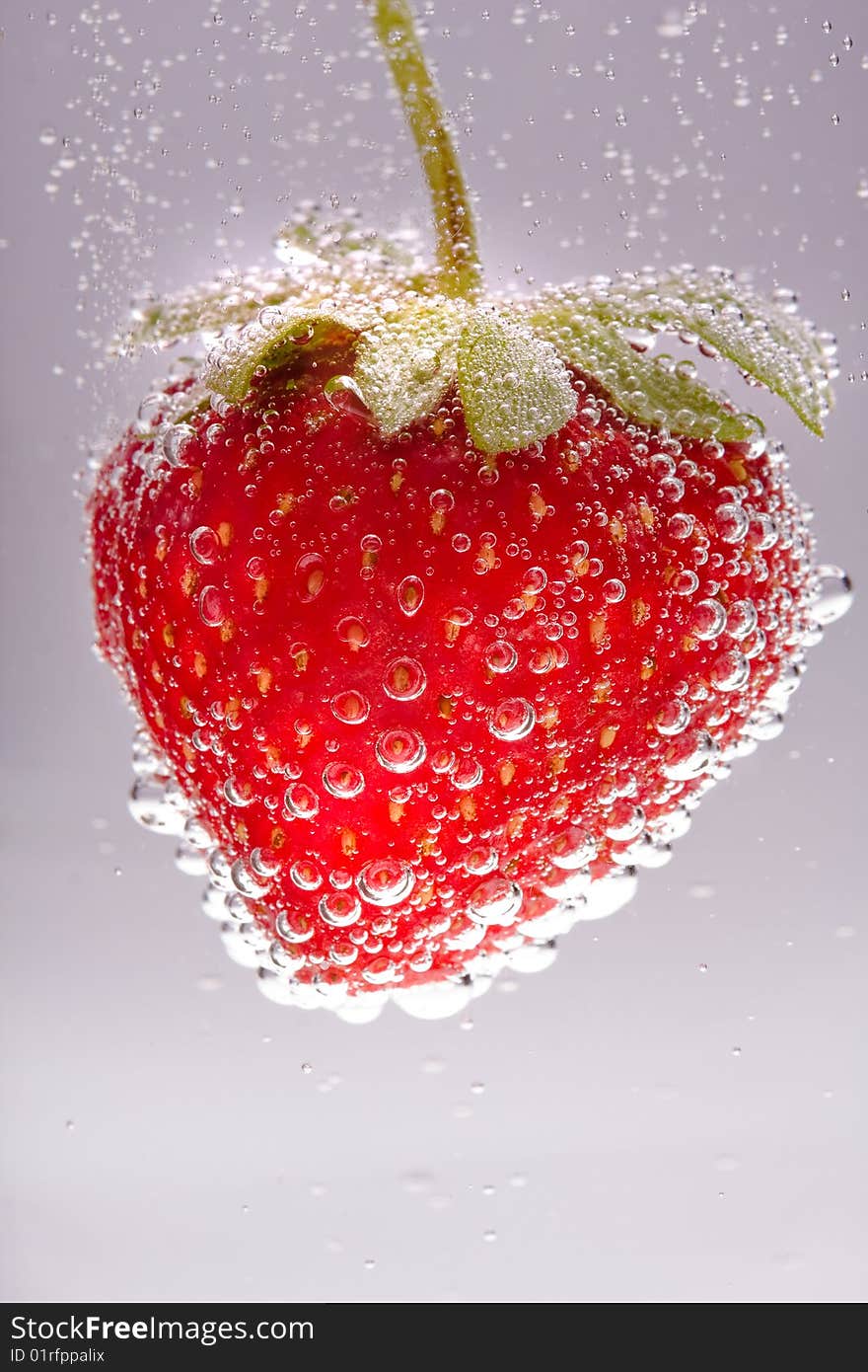 A strawberry submerged in water