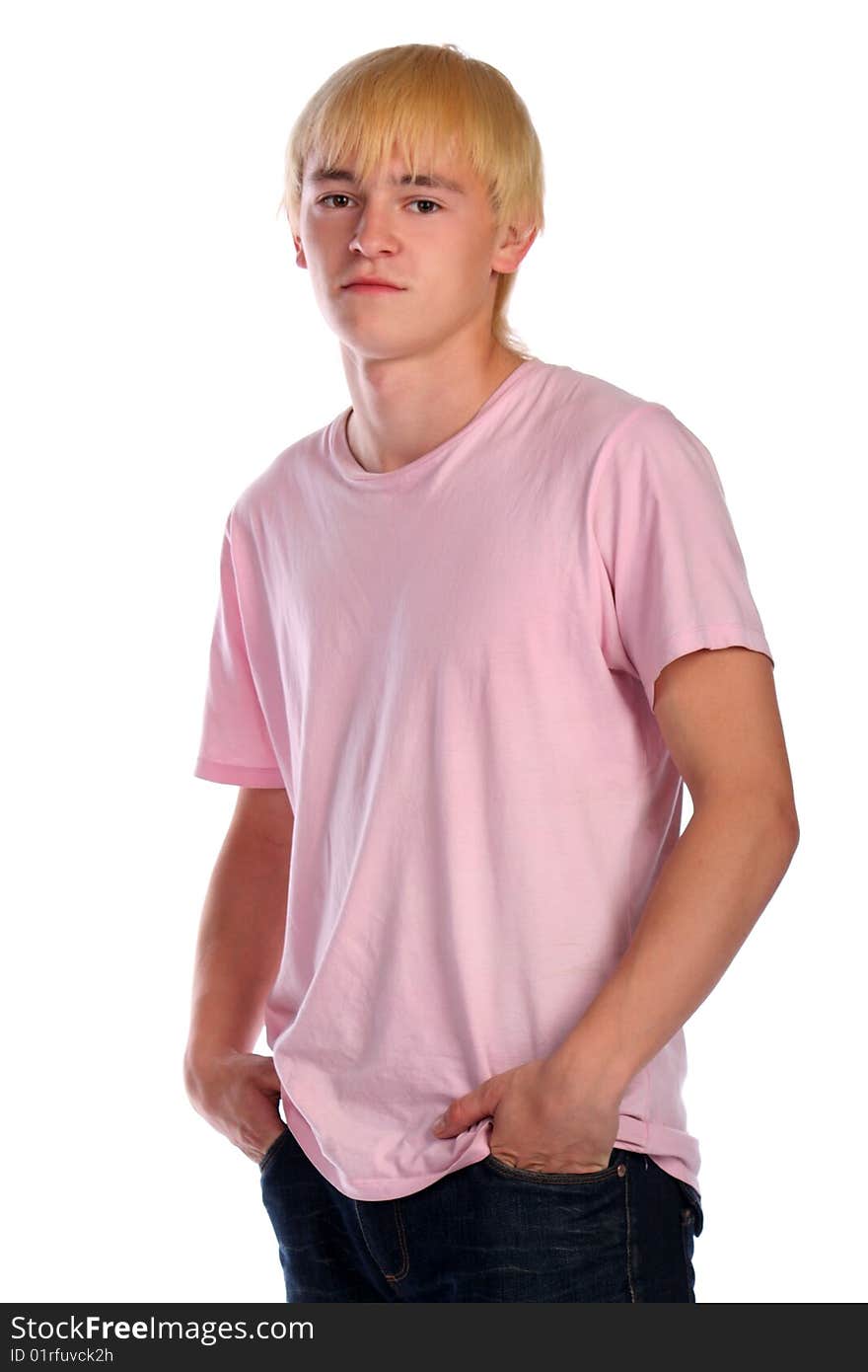 Young man in pink shirt. Isolated