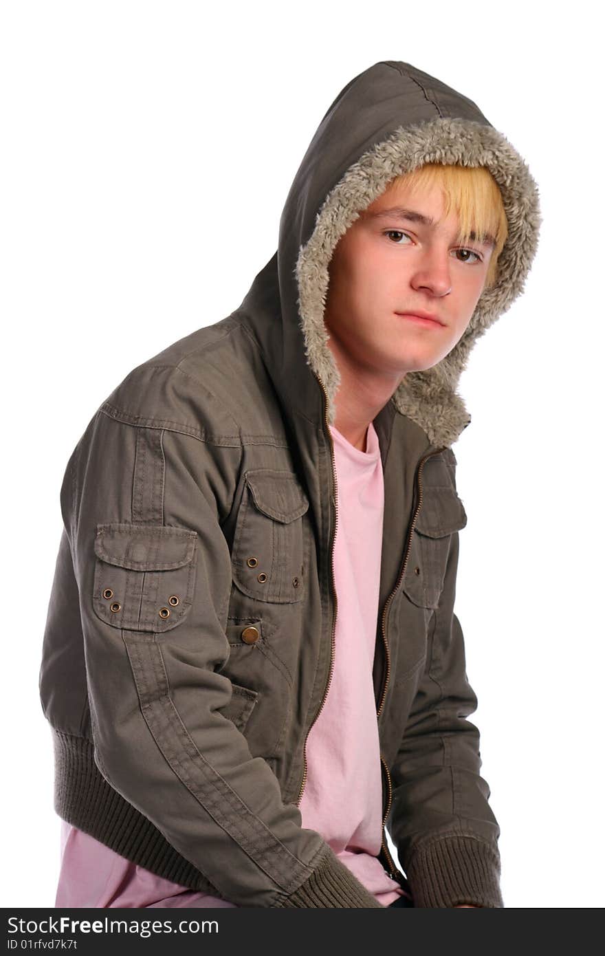 Young man in jacket with fur. Isolated