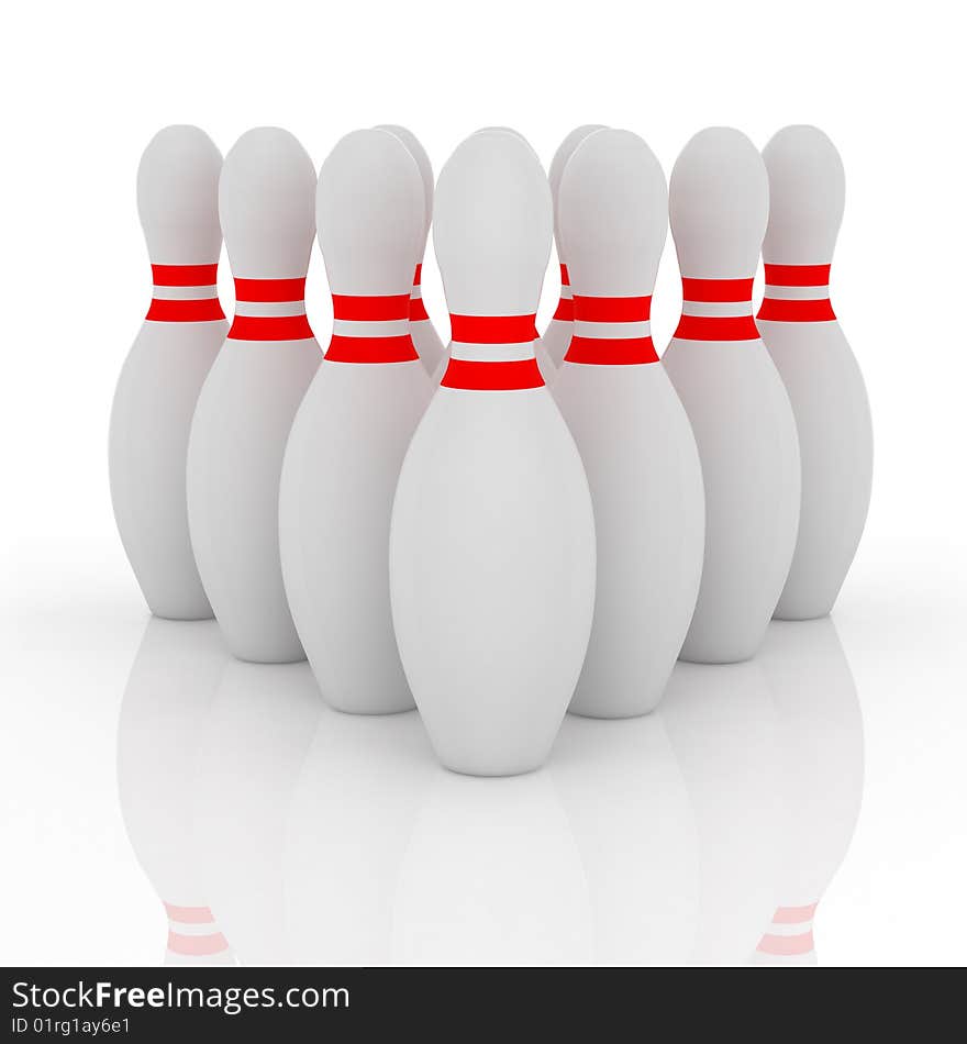 A set of bowling skittles on reflecting white background. A set of bowling skittles on reflecting white background