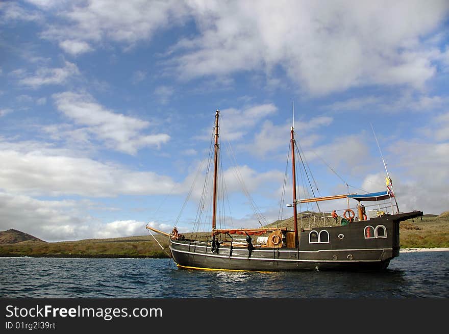 A pirate-like tour boat taken in the Galapagos Islands, Ecuador. A pirate-like tour boat taken in the Galapagos Islands, Ecuador