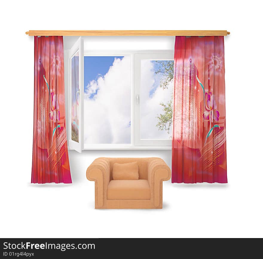 Open window; armchair and curtains on white background