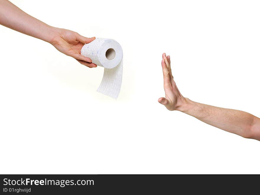 Hand rejecting toilet paper isolated on white background