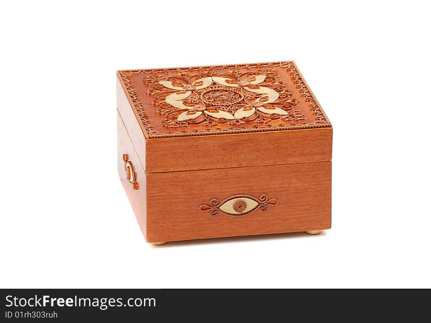 Red Wooden casket with a pattern from a copper wire.