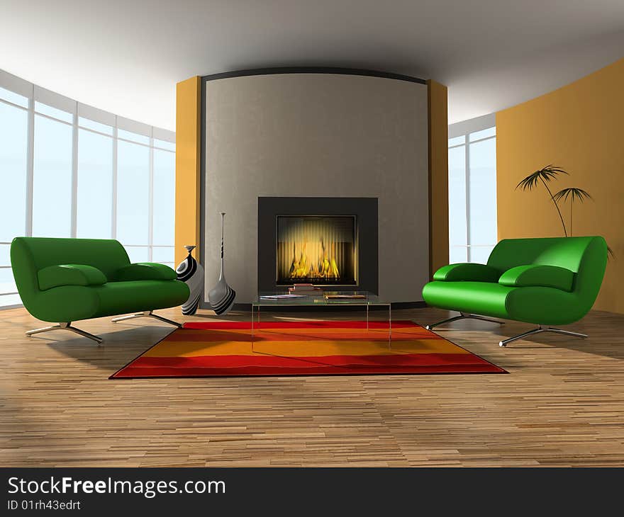 Interior of the room with easy chair and fireplace. Interior of the room with easy chair and fireplace