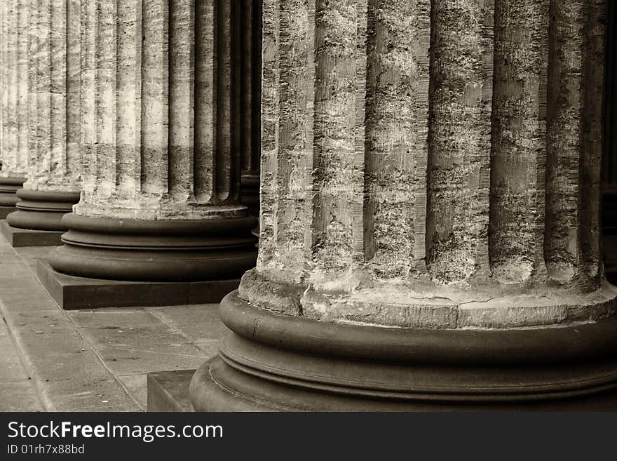 Classical marble column bases row photo in sepia old style. Classical marble column bases row photo in sepia old style