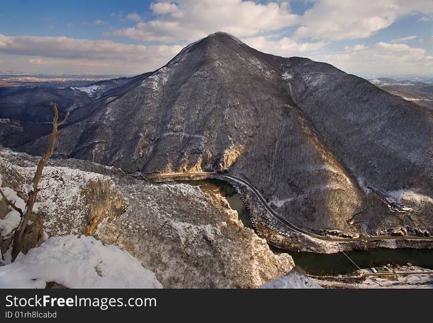 The Ovcar Mountain and West Morava River in Serbia. Winter season. View from The Kablar Mountain on about 900 meters above the see level. Central Serbia.