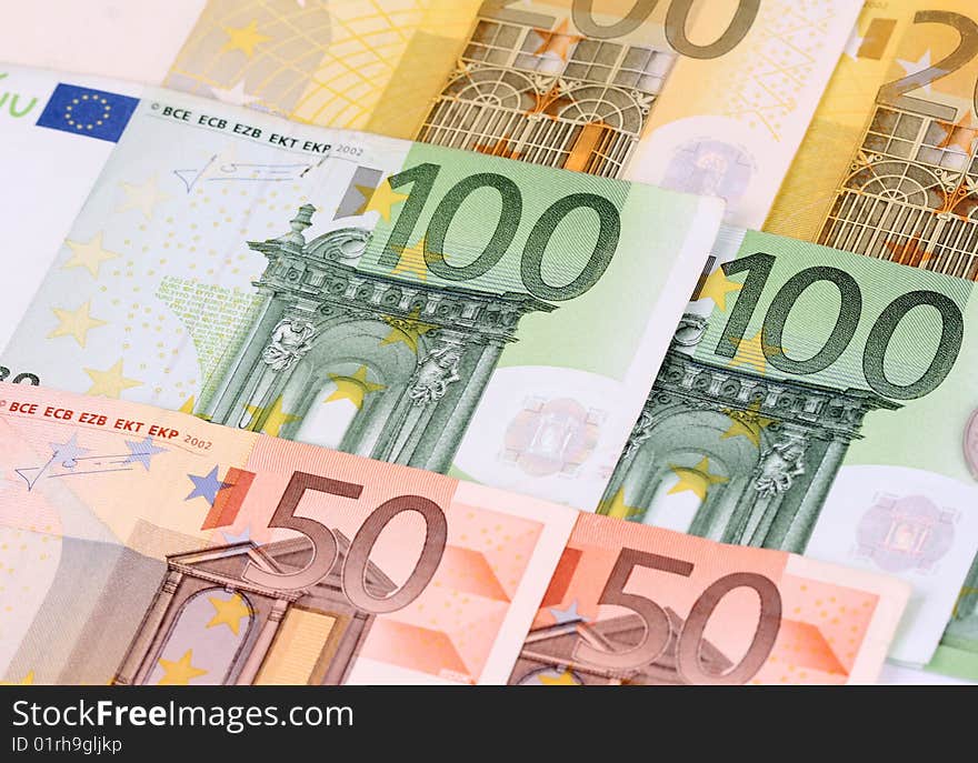 Euro bills sort up side by side. Euro bills sort up side by side