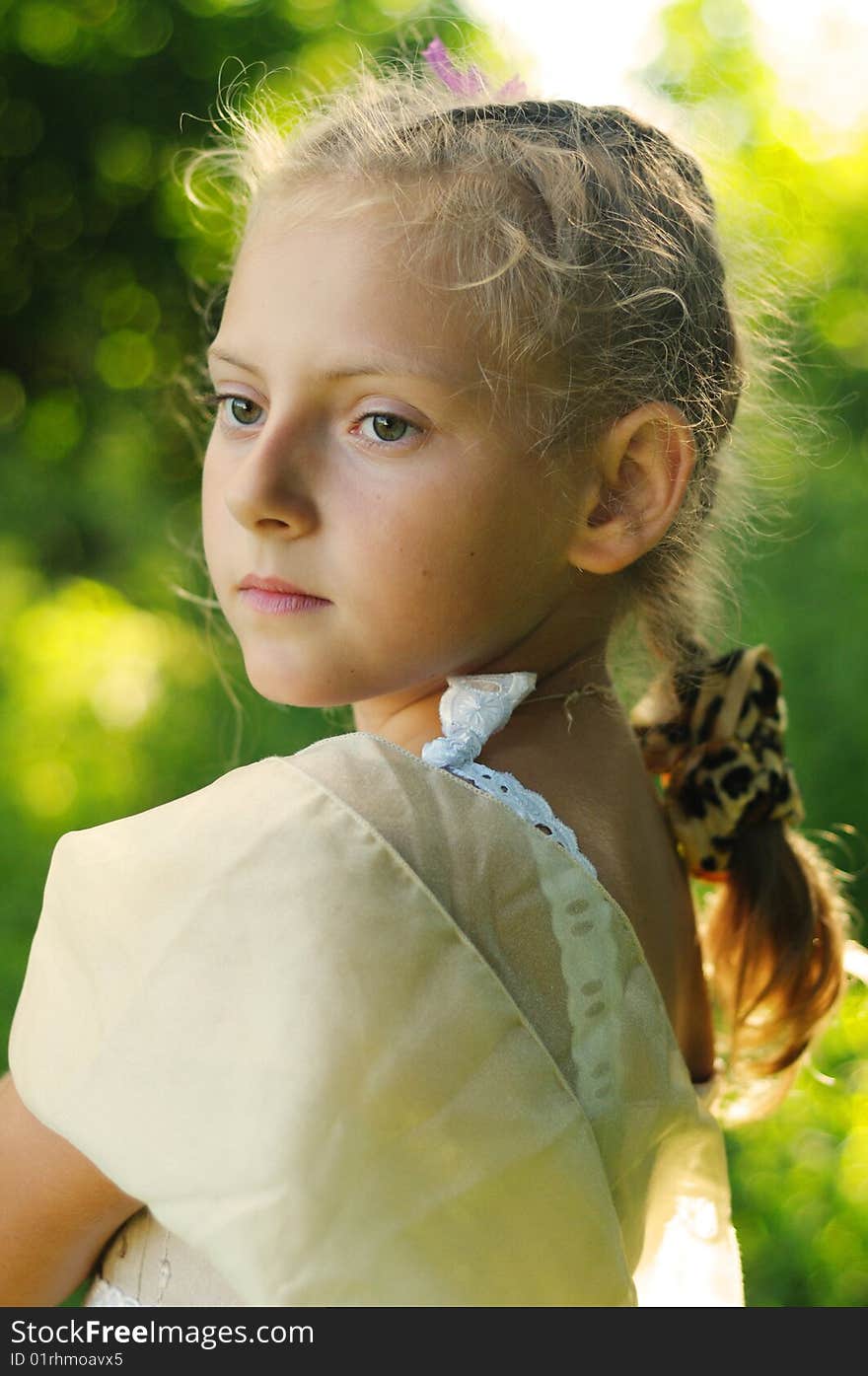 Portrait of the girl in a beautiful dress, on a background solar wood. Portrait of the girl in a beautiful dress, on a background solar wood